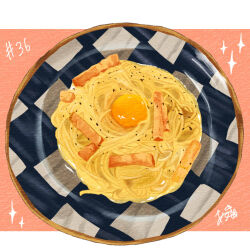 Rule 34 | artist name, egg (food), egg yolk, food, food focus, no humans, original, pasta, plate, spaghetti, sparkle, takisou sou