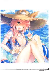 Rule 34 | 1girl, ;d, absurdres, animal ear fluff, animal ears, bikini, bikini under clothes, blue bikini, bracelet, breasts, cloud, collarbone, day, ears through headwear, eyes visible through hair, fang, fate/extra, fate (series), fox ears, fox shadow puppet, hair between eyes, hair tie, hat, highres, innertube, jewelry, large breasts, long hair, looking at viewer, looking back, one eye closed, open mouth, outdoors, pink hair, scan, see-through, shirt, short sleeves, smile, solo, straw hat, sun hat, swim ring, swimsuit, t-shirt, tamamo (fate), tamamo no mae (fate/extra), tamamo no mae (swimsuit lancer) (fate), tamamo no mae (swimsuit lancer) (second ascension) (fate), toosaka asagi, transparent, water, wet, wet clothes, wet shirt, white shirt, yellow eyes
