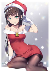 Rule 34 | 1girl, :d, arm support, black hair, black pantyhose, blunt bangs, blush, breasts, choker, collarbone, dress, earrings, gloves, green eyes, grey background, half gloves, hat, highres, jewelry, kurosawa dia, long hair, looking at viewer, love live!, love live! sunshine!!, mole, mole under mouth, neck bell, off-shoulder dress, off shoulder, open mouth, pantyhose, red dress, red hat, santa dress, santa hat, sleeveless, sleeveless dress, small breasts, smile, snowing, solo, thighband pantyhose, white gloves, yamaori (yamaorimon)