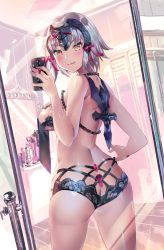 Rule 34 | 1girl, alternate costume, ass, back, blush, breasts, cellphone, chain, cleavage, fate/grand order, fate (series), from behind, headpiece, holding, holding phone, indoors, jeanne d&#039;arc (fate), jeanne d&#039;arc alter (avenger) (fate), jeanne d&#039;arc alter (fate), lace, large breasts, lingerie, looking at viewer, looking back, makeup, mirror, phone, red ribbon, reflection, ribbon, selfie, short hair, sideboob, silver hair, smartphone, smile, solo, standing, taking picture, tile floor, tiles, underwear, yellow eyes, yoshimoto (dear life)