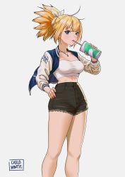 Rule 34 | 1girl, alternate costume, black shorts, blonde hair, blue eyes, breasts, carlo montie, cleavage, collarbone, commentary, contemporary, denim, denim shorts, dr. stone, drinking, drinking straw, drinking straw in mouth, english commentary, feet out of frame, hair ornament, hair ribbon, hand on own hip, high-waist shorts, highres, jacket, jewelry, kohaku (dr. stone), letterman jacket, looking at viewer, medium breasts, pendant, ribbon, shorts, signature, solo, standing, strapless, thighs, tube top, white tube top