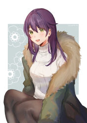 Rule 34 | 1girl, :d, blush, breasts, brown pantyhose, feet out of frame, floral background, fur-trimmed jacket, fur trim, genderswap, genderswap (mtf), green eyes, green jacket, grey background, hair between eyes, highres, jacket, kenmochi touya, knees up, long hair, looking at viewer, medium breasts, nijisanji, off shoulder, open clothes, open jacket, open mouth, pantyhose, purple hair, ribbed sweater, smile, solo, sweater, tsumetsume zerii, turtleneck, turtleneck sweater, twitter username, two-tone background, virtual youtuber, white background, white sweater