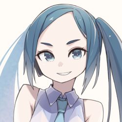 Rule 34 | 1girl, blue eyes, blue hair, forehead, hatsune miku, icon 315, necktie, sleeveless, smile, solo, twintails, upper body, vocaloid, white background