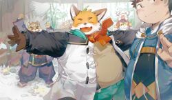 Rule 34 | 5boys, ^ ^, absurdres, ahoge, animal ears, bara, blush, carrying, closed eyes, commentary request, dog boy, dog ears, echigo (tamacolle), fang, fat, fat man, fox boy, fox ears, furry, furry male, hachimaki, hand up, hands up, headband, highres, hitachi (tamacolle), iyo (tamacolle), japanese clothes, kurotero, looking at viewer, male focus, multicolored hair, multiple boys, musashi (tamacolle), nejiri hachimaki, open mouth, outstretched arms, piggyback, smile, streaked hair, sweatdrop, tajima (tamacolle), tamacolle, tiger boy, tiger ears, tiger stripes, winter clothes