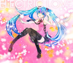 Rule 34 | 1girl, bad id, bad pixiv id, blue eyes, blue hair, duca, electric love (vocaloid), hatsune miku, legs, long hair, matching hair/eyes, necktie, open mouth, sitting, solo, sparkle, thighhighs, twintails, very long hair, vocaloid