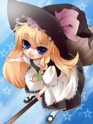 Rule 34 | 1girl, atoshi, blonde hair, blue eyes, broom, female focus, full body, gradient background, hat, kirisame marisa, long hair, ribbon, solo, touhou, witch, witch hat