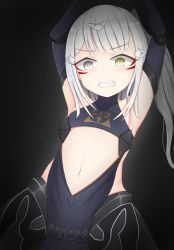 Rule 34 | 1girl, absurdres, armpits, blunt bangs, blush, breasts, collarbone, fang, girls&#039; frontline, grey eyes, grin, heterochromia, highres, huomao (akcat), long hair, mechanical arms, narciss (girls&#039; frontline), navel, paradeus, pelvic curtain, restrained, sidelocks, silver hair, small breasts, smile, solo, yellow eyes