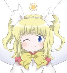 Rule 34 | 1girl, ;), blonde hair, blue eyes, bow, bowtie, closed mouth, fairy, fairy wings, medium hair, nonamejd, one eye closed, simple background, smile, solo, sunny milk, touhou, two side up, upper body, white background, white wings, wings, yellow bow, yellow bowtie