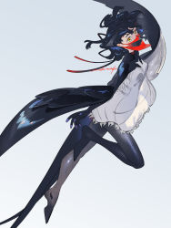 Rule 34 | 1girl, barn swallow, black hair, dress, floating hair, full body, highres, leg up, looking at viewer, mask, mouth mask, original, personification, print mask, signature, simple background, solo, umishima senbon, white background, white dress, yellow eyes