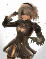 Rule 34 | 1girl, black dress, black gloves, black hairband, blindfold, breasts, brown thighhighs, cleavage, cleavage cutout, closed mouth, clothing cutout, covered eyes, dress, facing viewer, gloves, grey hair, hairband, hand up, highres, juliet sleeves, long sleeves, medium breasts, mole, mole under mouth, nier (series), nier:automata, no panties, puffy sleeves, racchi., short dress, simple background, skin tight, solo, thighhighs, two-sided fabric, two-sided skirt, white background, 2b (nier:automata)