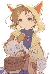 Rule 34 | 1girl, animal hood, blue eyes, blue scarf, brown gloves, brown hair, cat hood, cowboy shot, doranatsu (plant ffxiv), earrings, fanny pack, final fantasy, final fantasy xiv, fingerless gloves, gloves, highres, hood, hood up, hooded jacket, jacket, jewelry, krile mayer baldesion (ff14), lalafell, o-ring, pointy ears, pouch, scarf, short hair, signature, simple background, single earring, single fingerless glove, smile, solo, standing, twitter username, white background, yellow jacket