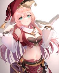 Rule 34 | 1girl, absurdres, antlers, book, breasts, commentary, cowboy shot, crop top, detached sleeves, genshin impact, green eyes, hair between eyes, hands up, hat, highres, holding, holding book, horns, long hair, long sleeves, looking at viewer, medium breasts, navel, open book, pink hair, pointing, pointing at self, puffy long sleeves, puffy sleeves, red hat, red skirt, simple background, skirt, solo, standing, stomach, tassel, twitter username, very long hair, vision (genshin impact), yanfei (genshin impact), yayoi (yay0ee)