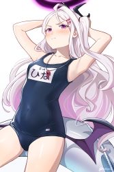Rule 34 | 1girl, absurdres, armpits, bad id, bad pixiv id, blue archive, blush, highres, hina (blue archive), hina (swimsuit) (blue archive), horns, long hair, looking at viewer, name tag, nuebunny, one-piece swimsuit, pink eyes, pout, purple eyes, school swimsuit, simple background, solo, swimsuit, thighhighs, upper body, whistle, whistle around neck, white hair, wings