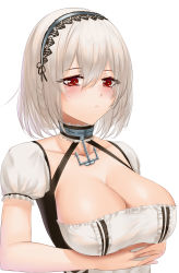 Rule 34 | 1girl, absurdres, azur lane, blush, breasts, cleavage, closed mouth, collarbone, crossed arms, hairband, highres, ichikushi mojibake, large breasts, looking at viewer, maid, maid headdress, red eyes, short hair, silver hair, sirius (azur lane), solo, upper body, white background