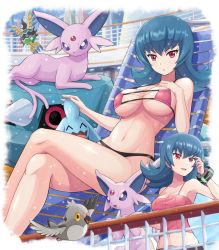 Rule 34 | 1girl, absurdres, bare arms, belt, bikini, black bikini, blue hair, bracelet, breasts, building, cleavage, collarbone, commentary request, creatures (company), crossed legs, day, espeon, eyelashes, fence, game freak, gen 2 pokemon, gen 3 pokemon, gen 5 pokemon, highres, jewelry, knees, large breasts, long hair, looking at viewer, looking to the side, lying, medium breasts, metang, multiple views, navel, nintendo, on back, open mouth, outdoors, pidove, pink eyes, pokemoa, pokemon, pokemon (creature), pokemon hgss, sabrina (pokemon), shiny skin, sigilyph, smile, swimsuit, tongue, wynaut