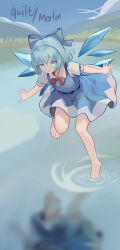 Rule 34 | 1girl, absurdres, barefoot, blue bow, blue dress, blue eyes, blue hair, blue sky, bow, bowtie, cirno, commentary, detached wings, dress, full body, guilty merlin, hair bow, highres, ice, ice wings, outdoors, red bow, red bowtie, reflection, reflective water, shirt, short hair, short sleeves, signature, sky, solo, touhou, white shirt, wings