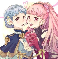 Rule 34 | 2girls, :d, bare shoulders, blue capelet, blue dress, blue hair, box, braid, brown eyes, capelet, commentary request, crown braid, dress, earrings, female focus, fire emblem, fire emblem: three houses, flower, gloves, hair flower, hair ornament, heart, heart-shaped box, heart of string, highres, hilda valentine goneril, holding, holding box, hoop earrings, jewelry, long sleeves, looking at viewer, marianne von edmund, matching hair/eyes, mojakkoro, multiple girls, nintendo, open mouth, pink eyes, pink flower, pink gloves, pink hair, ribbon, short hair, smile, upper body, white flower, yellow ribbon, yuri