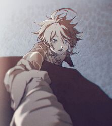 Rule 34 | 1girl, bamehus, blue eyes, blurry, bow, bowtie, brown hair, cliff, commentary request, depth of field, emma (yakusoku no neverland), forest, from above, hair ornament, highres, holding another&#039;s wrist, holding hands, long sleeves, looking at viewer, nature, outdoors, outstretched arm, pov, pov hands, ray (yakusoku no neverland), rescue, short hair, solo focus, sunlight, surprised, sweat, twilight, white bow, white bowtie, x hair ornament, yakusoku no neverland