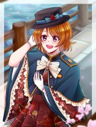 Rule 34 | 1girl, aqua bow, artist name, artist request, black corset, black headwear, blush, bow, brown dress, brown hair, brown skirt, corset, dress, female focus, floral print, flower, flower print, gloves, hair between eyes, highres, japanese clothes, kimono, koizumi hanayo, liutian1029, looking at viewer, love live!, love live! school idol festival, love live! school idol project, parted lips, purple eyes, red flower, short hair, skirt, smile, solo, striped, striped bow, white bow, white gloves