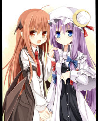Rule 34 | 2girls, arm belt, bat wings, black dress, blue eyes, capelet, crescent, crescent hair ornament, dress, fang, hair ornament, hair ribbon, hand on shoulder, hat, head wings, holding hands, koakuma, long hair, looking at viewer, multiple girls, necktie, open clothes, open mouth, patchouli knowledge, pillarboxed, pointy ears, purple hair, red eyes, red hair, red necktie, ribbon, smile, touhou, tress ribbon, very long hair, wings, yuuhagi (amaretto-no-natsu)