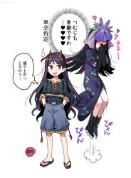 Rule 34 | 2girls, barefoot, black footwear, black hair, blue shorts, blush, boots, china dress, chinese clothes, collarbone, dress, flower, flower on head, green shirt, hands in pockets, heart, horns, long hair, multiple girls, nippaku zanmu, oni horns, open mouth, pointy ears, purple dress, purple flower, re ghotion, red eyes, shirt, short sleeves, shorts, sidelocks, simple background, sweatdrop, thought bubble, touhou, translation request, vine print, white background, yomotsu hisami