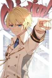 Rule 34 | 1boy, absurdres, ace attorney, blonde hair, blue eyes, blue necktie, closed mouth, formal, glaring, gold trim, highres, holostars, jacket, jl tan, kishido temma, male focus, necktie, objection, outstretched arm, parody, pointing, short hair, solo, virtual youtuber, white jacket