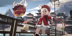 Rule 34 | 1girl, ahoge, architecture, backpack, bag, blonde hair, bloomers, blush, bridge, brown scarf, cabbie hat, charm (object), closed mouth, clover print, dodoco (genshin impact), east asian architecture, genshin impact, gloves, hat, hat feather, highres, klee (genshin impact), long sleeves, looking at viewer, low twintails, mountainous horizon, outstretched arms, pointy ears, pom pom (clothes), randoseru, red eyes, red gloves, red hat, running, ryosios, scarf, smile, solo, standing, twintails, underwear