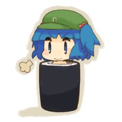 Rule 34 | 1girl, bare shoulders, blue eyes, blue hair, chibi, female focus, food, hair bobbles, hair ornament, hat, in container, in food, katsudansou, kawashiro nitori, makizushi, matching hair/eyes, mini person, minigirl, oversized object, short hair, smile, solo, sushi, touhou, twintails, two side up, white background