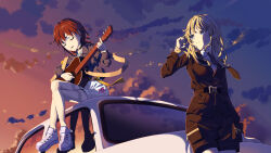 Rule 34 | 2girls, absurdres, acoustic guitar, black jacket, black shirt, black shorts, blue eyes, car, closed eyes, closed mouth, cloud, commentary request, dusk, girls band cry, guitar, highres, instrument, iseri nina, jacket, kawaragi momoka, light brown hair, long hair, long sleeves, motor vehicle, multiple girls, outdoors, parted lips, playing guitar, red hair, shadow, shirt, shoes, short twintails, shorts, sitting, smile, sneakers, sunset, tu pao diao yu shao, twintails, white footwear, white shorts