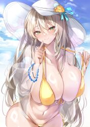 Rule 34 | 1girl, bikini, blue archive, blush, breasts, cleavage, collarbone, front-tie top, green eyes, halo, hat, highres, huge breasts, light brown hair, long hair, looking at viewer, mutou mame, navel, nonomi (blue archive), nonomi (swimsuit) (blue archive), official alternate costume, outdoors, side-tie bikini bottom, smile, solo, sun hat, swimsuit, white hat, yellow bikini