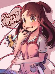 Rule 34 | 1girl, apron, asymmetrical bangs, bee, bug, chocolate, cooking, food, food on face, happy valentine, high ponytail, highres, insect, kagari atsuko, licking own finger, little witch academia, long hair, madabau, pink apron, solo focus, tasting, valentine, witch, yellow eyes