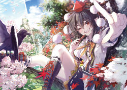 Rule 34 | 1girl, bird, black footwear, black hair, black skirt, boots, camera, cherry blossoms, commentary request, cross-laced footwear, crow, day, feet out of frame, grin, hat, highres, holding, holding pen, in tree, knees, looking at viewer, one eye closed, outdoors, outstretched hand, pen, petals, red eyes, red hat, shameimaru aya, shirt, short hair, short sleeves, sitting, skirt, smile, solo, syuri22, tokin hat, touhou, tree, white shirt