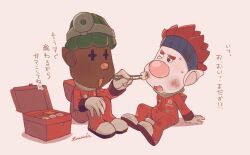 Rule 34 | 2boys, :d, artist name, big nose, black eyes, blue headband, commentary request, cotton ball, dark-skinned male, dark skin, dingo (pikmin), first aid kit, gloves, green hair, hand up, head mirror, headband, highres, injury, jumpsuit, knees up, looking at another, male focus, multiple boys, nintendo, one eye closed, open mouth, pikmin (series), pikmin 4, pointy ears, red hair, red jumpsuit, short hair, signature, simple background, sitting, smile, spacesuit, spiked hair, sweat, symbol-shaped eyes, tearing up, toumin (touminmin1026), translation request, tweezers, white background, white gloves, yonny (pikmin)