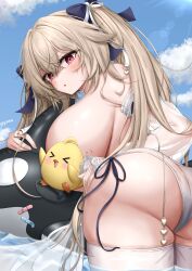 Rule 34 | 1girl, absurdres, anchorage (azur lane), anchorage (dolphins and swim lessons) (azur lane), ass, azur lane, bare shoulders, breasts, commentary, hair between eyes, highres, huge breasts, light brown hair, long hair, looking at viewer, manjuu (azur lane), open mouth, red eyes, see-through, see-through sleeves, sideboob, solo, swimsuit, thighhighs, twintails, ueyama 0clock, very long hair, white thighhighs