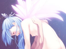 Rule 34 | 1girl, angel wings, angelos armas, ass, back, blue hair, blush, breasts, chuuou higashiguchi, cowgirl position, dimples of venus, closed eyes, flat chest, game cg, girl on top, glowing, hair ribbon, henri, hug, leaning forward, long hair, nipples, nitroplus, non-web source, nude, open mouth, ribbon, sex, solo focus, straddling, wings