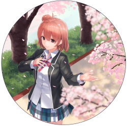 Rule 34 | 1girl, antenna hair, black jacket, blue skirt, breasts, cherry blossoms, commentary request, hair bun, highres, hirono (hxze4434), jacket, large breasts, looking at viewer, pink hair, red neckwear, red ribbon, ribbon, shirt, short hair, single hair bun, skirt, smile, solo, white shirt, yahari ore no seishun lovecome wa machigatteiru., yuigahama yui