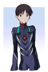 Rule 34 | 11kkr, 1boy, black bodysuit, blue background, blue eyes, blush, bodysuit, border, brown hair, closed mouth, commentary request, gradient background, highres, ikari shinji, looking to the side, male focus, neon genesis evangelion, number print, outside border, parted bangs, purple bodysuit, short hair, simple background, smile, solo, standing, two-tone bodysuit, white border