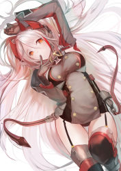 Rule 34 | 1girl, antenna hair, azur lane, black choker, black gloves, black ribbon, breasts, choker, commentary request, cross, finger to mouth, flag print, garter straps, german flag, gloves, ha2ru, iron cross, large breasts, long sleeves, looking at viewer, lying, minato yoshihiro, multicolored hair, on back, prinz eugen (azur lane), red eyes, ribbon, sideboob, silver hair, solo, streaked hair, swept bangs, thigh strap, two side up