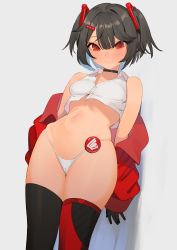 Rule 34 | 1girl, absurdres, arms at sides, asymmetrical legwear, badge, bare shoulders, beijuu, beni-chan (beijuu), black choker, black gloves, black hair, black thighhighs, blunt bangs, blush, breasts, button badge, cameltoe, choker, closed mouth, clothes down, collarbone, collared jacket, cowboy shot, crop top, dutch angle, fang, from below, gloves, grey background, hair between eyes, hair ornament, hairclip, highleg, highleg panties, highres, jacket, leaning back, long sleeves, midriff, mismatched legwear, naughty face, navel, no pants, original, panties, partially unbuttoned, puffy long sleeves, puffy sleeves, red eyes, red jacket, red thighhighs, short hair, short twintails, simple background, skin fang, skindentation, sleeveless, small breasts, smile, solo, squinting, standing, stomach, swept bangs, thick thighs, thighhighs, thighs, tongue, triangle hair ornament, twintails, two-tone legwear, underwear, white panties, wide hips, wing collar