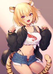 Rule 34 | 1girl, :d, animal ears, bare shoulders, black jacket, blonde hair, blue shorts, breasts, collarbone, commission, crop top, denim, denim shorts, exposed pocket, fangs, front-tie top, hands up, highleg, highleg panties, highres, jacket, long sleeves, looking at viewer, medium breasts, midriff, navel, off shoulder, open clothes, open fly, open jacket, open mouth, orange eyes, original, panties, puffy sleeves, shirt, short hair, short shorts, shorts, side-tie panties, skeb commission, sleeveless, sleeveless shirt, smile, solo, stomach, string panties, tail, thighs, tiger ears, tiger girl, tiger tail, tomobe kinuko, underwear, virtual youtuber, white shirt