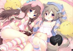 Rule 34 | 2girls, :d, :o, absurdres, animal ears, animal hat, animal hood, arm up, armpits, ass, azur lane, bare shoulders, bed sheet, bloomers, blue bow, blue eyes, blush, bow, brown hair, camisole, candy hair ornament, commentary request, copyright name, crescent, crescent hair ornament, crop top, dog ears, dog girl, dog hood, dog tail, fake animal ears, fang, food-themed hair ornament, fumizuki (azur lane), fumizuki (sleepy fairy) (azur lane), hair between eyes, hair ornament, hair ribbon, hairclip, hand to own mouth, hat, heart, highres, holding hands, hood, hood up, hooded jacket, huge filesize, jacket, knee up, kneehighs, long hair, long sleeves, low twintails, lying, midriff, multiple girls, nagatsuki (azur lane), navel, on back, on side, open clothes, open jacket, open mouth, open shirt, parted lips, pillow, pink headwear, ponytail, purple eyes, ribbon, shiratama (shiratamaco), shirt, short shorts, shorts, side ponytail, sleepwear, sleeves past wrists, smile, socks, striped clothes, striped jacket, striped legwear, striped shirt, striped socks, tail, twintails, underwear, very long hair, white bloomers, white camisole, white ribbon, white shorts