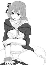 Rule 34 | 1girl, blush, bra, breasts, cleavage, greyscale, hair ribbon, looking at viewer, monochrome, panties, ribbon, simple background, solo, spanking momoko, spread legs, underwear, white background