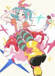 Rule 34 | 1girl, :o, aqua hair, artist name, black thighhighs, blush, boots, commentary, dress, foglia (fogpics), food, food on face, foreshortening, full body, green thighhighs, hat, heart, highres, hikimayu, holding, holding food, holding ice cream, ice cream, ice cream cone, monogatari (series), ononoki yotsugi, open mouth, orange dress, orange hat, parted hair, rubber boots, screentones, short eyebrows, signature, solo, sparkle, striped clothes, striped thighhighs, tanaka (colorcorn), texture, thick eyebrows, thighhighs, v, v over eye, white background, yellow background, yellow footwear