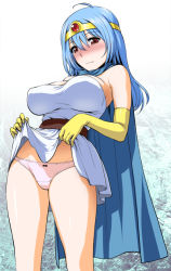 Rule 34 | 1girl, bare shoulders, blue hair, bow, bow panties, breasts, cape, circlet, dragon quest, dragon quest iii, elbow gloves, gloves, large breasts, long hair, panties, pink panties, red eyes, revision, sage (dq3), smile, solo, st.germain-sal, underwear