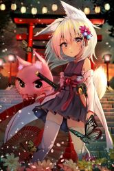 Rule 34 | 1girl, animal ears, blue dress, brown eyes, bug, butterfly, detached sleeves, dress, flower, fox ears, fox tail, hair flower, hair ornament, highres, insect, lantern, marisayaka, original, outdoors, sheath, sheathed, short dress, short hair, silver hair, stairs, sword, tail, thighhighs, torii, weapon, white thighhighs