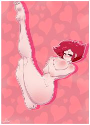 Rule 34 | absurdres, ass, ber00, blush, breasts, choker, covering privates, cutie honey, heart, heart background, highres, kisaragi honey, kneepits, large breasts, leg up, lips, looking at viewer, navel, nude, pink background, re: cutie honey, red eyes, red hair, shiny skin, short hair, soles, thick thighs, thighs