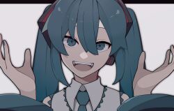 Rule 34 | 1girl, absurdres, blue eyes, blue hair, blue nails, commentary request, fingernails, grey background, grey shirt, hair between eyes, hair ornament, hatsune miku, highres, long bangs, long hair, long sleeves, looking at viewer, open mouth, shirt, simple background, sleeveless, sleeveless shirt, smile, solo, teeth, twintails, upper body, upper teeth only, uziki ntoki, vocaloid