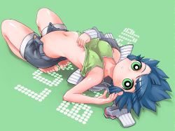 Rule 34 | 00s, 1girl, artist request, barefoot, blue hair, breasts, clothes lift, covered erect nipples, feet, green eyes, jacket, matsubara kaoru, medium breasts, midriff, navel, open clothes, open fly, open shorts, powered buttercup, powerpuff girls, powerpuff girls z, shirt lift, short hair, short shorts, shorts, solo, track jacket, unbuttoned, underboob, unzipped
