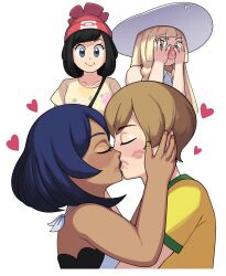 Rule 34 | 1boy, 3girls, absurdres, black hair, blonde hair, blush, closed eyes, collarbone, covering face, creatures (company), dark-skinned female, dark skin, dexio (pokemon), floral print, game freak, green eyes, hat, heart, hetero, highres, lillie (pokemon), lipstick mark, lipstick mark on face, looking at another, multiple girls, nintendo, pokemon, pokemon sm, purple hair, selene (pokemon), sina (pokemon), sun hat, white background, yamouri