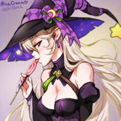 Rule 34 | 1girl, artist name, bare shoulders, breasts, candy, cleavage, commentary, corrin (female) (fire emblem), corrin (female) (halloween) (fire emblem), corrin (fire emblem), crescent, crescent hat ornament, dated, english commentary, fire emblem, fire emblem fates, fire emblem heroes, food, halloween, halloween costume, hat, hat ornament, hat ribbon, holding, holding candy, holding food, holding lollipop, licking, lollipop, looking at viewer, medium breasts, mina cream, nintendo, official alternate costume, pointy ears, purple nails, purple ribbon, red eyes, ribbon, solo, star (symbol), star hat ornament, tongue, tongue out, upper body, white hair, witch, witch hat